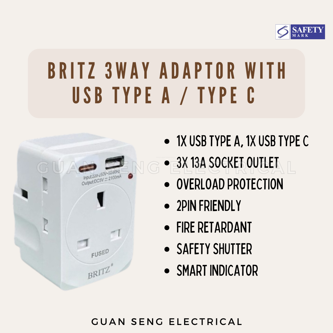 Britz 13A 3 Way Adaptor Power Socket with 2 x USB Port