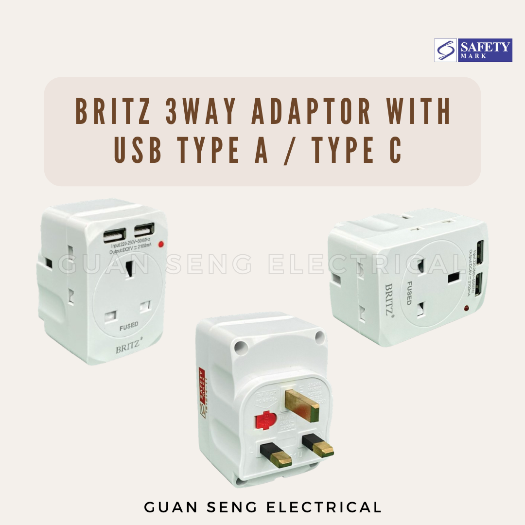 Britz 13A 3 Way Adaptor Power Socket with 2 x USB Port