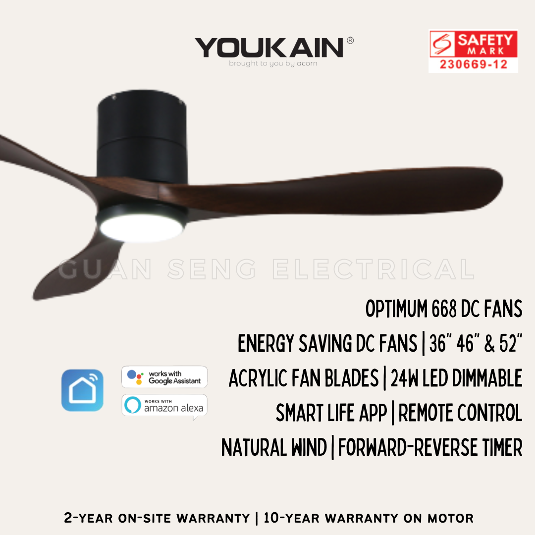 YOUKAIN Optimum 668 SMART DC Hugger Mount Ceiling Fans For Low Ceiling 36" 46" 52" by Acorn