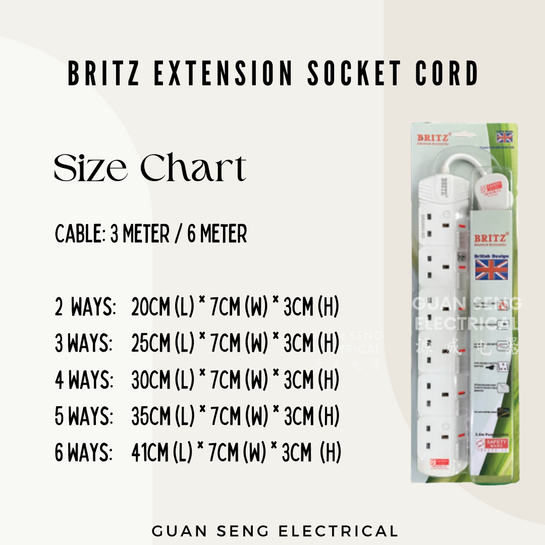 Britz Extension Socket 3/6 Meters Surge Protection