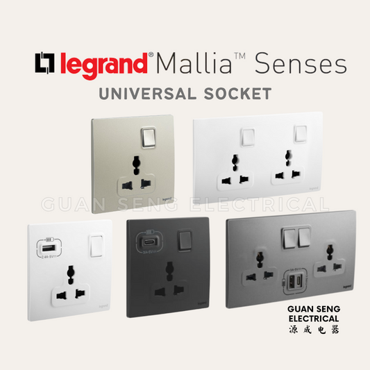 Legrand Mallia Senses Multistandard Socket White Dark Silver Champagne Matt Black | Guan Seng Electrical