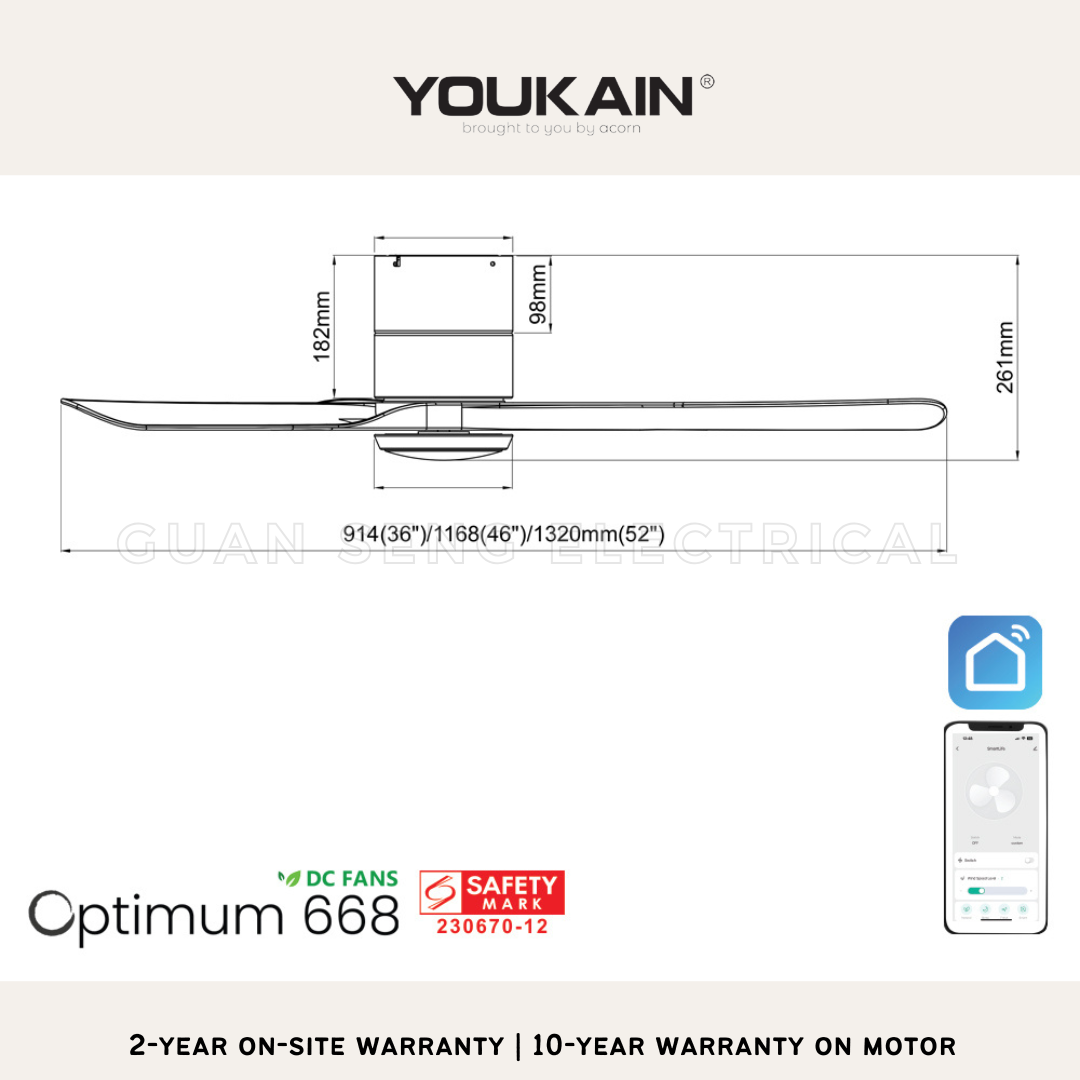 YOUKAIN Optimum 668 SMART DC Hugger Mount Ceiling Fans For Low Ceiling 36" 46" 52" by Acorn