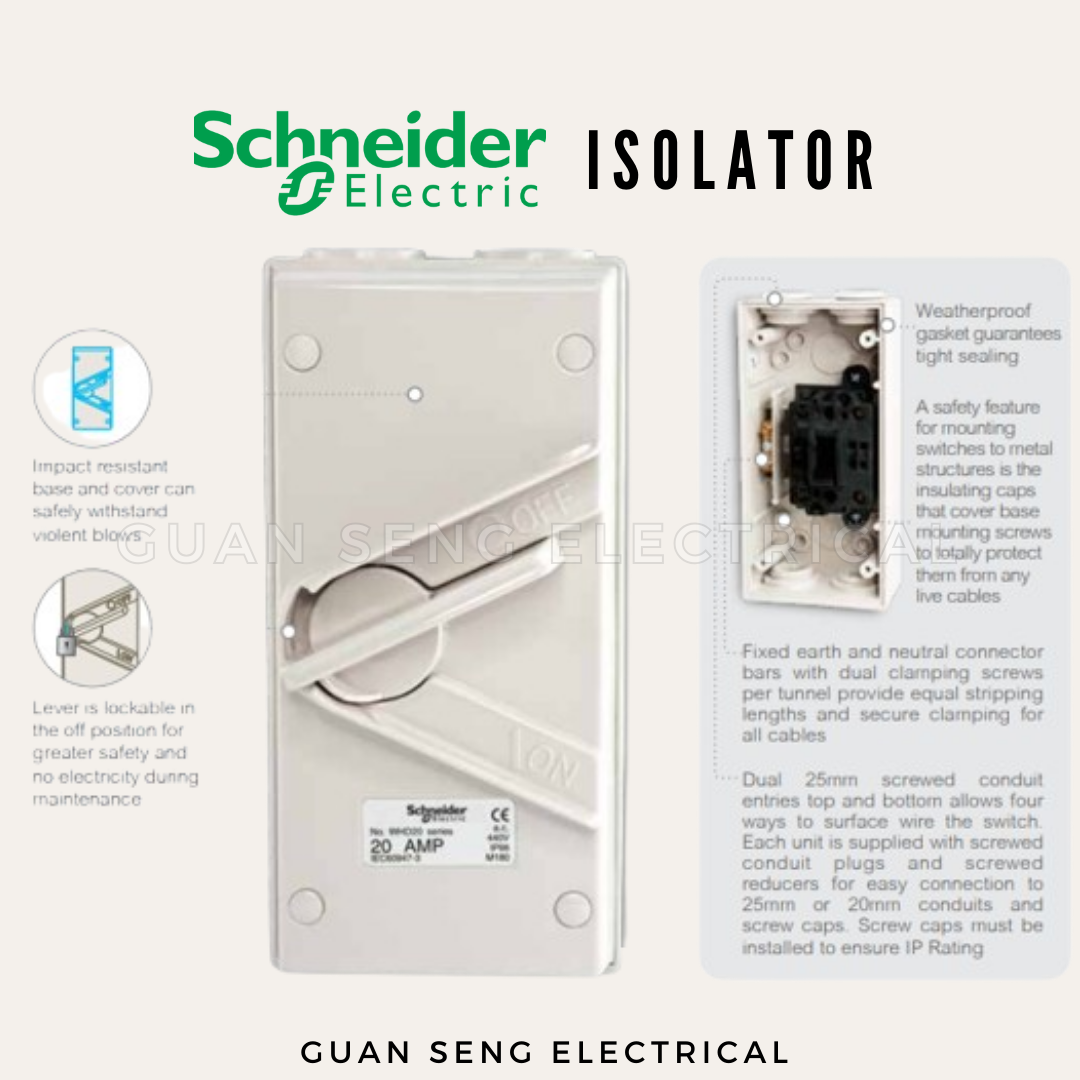 Schneider Kavacha 20A 440V Weatherpoof Double Pole Isolator Switch IP66