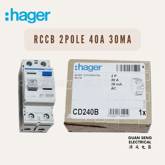 Hager Double Pole 2P RCCB 40A 30mA CD240B