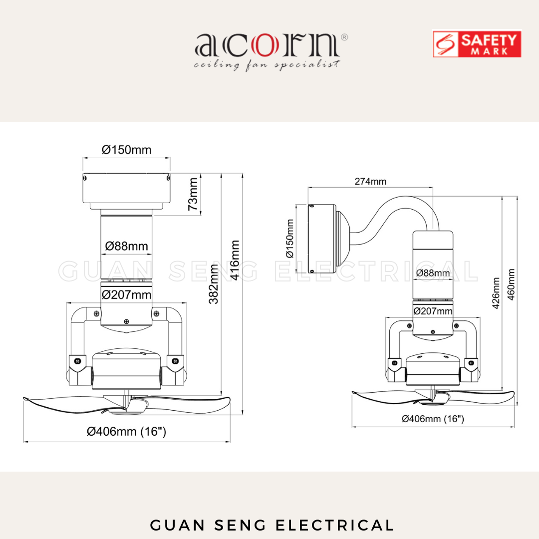 ACORN DC360 16" Corner Ceiling / Wall Mount Fan