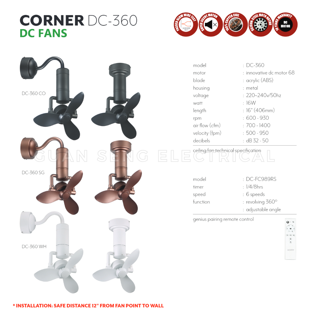 ACORN DC360 16" Corner Ceiling / Wall Mount Fan