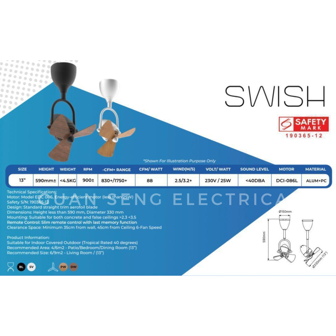 ALASKA SWISH 13″ Corner DC Ceiling Fan