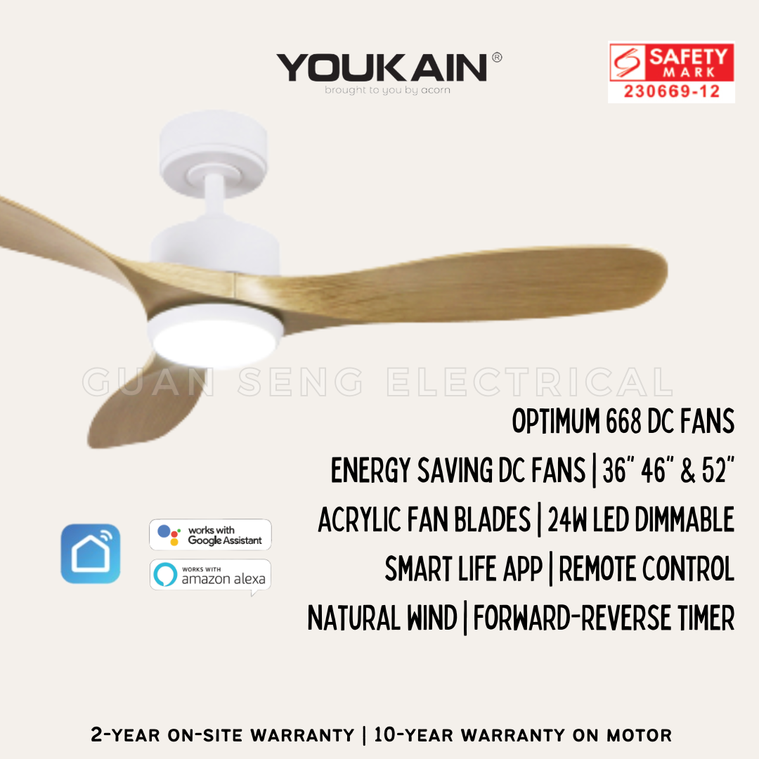 YOUKAIN Optimum 668 SMART DC Ceiling Fans 36" 46" 52" by Acorn