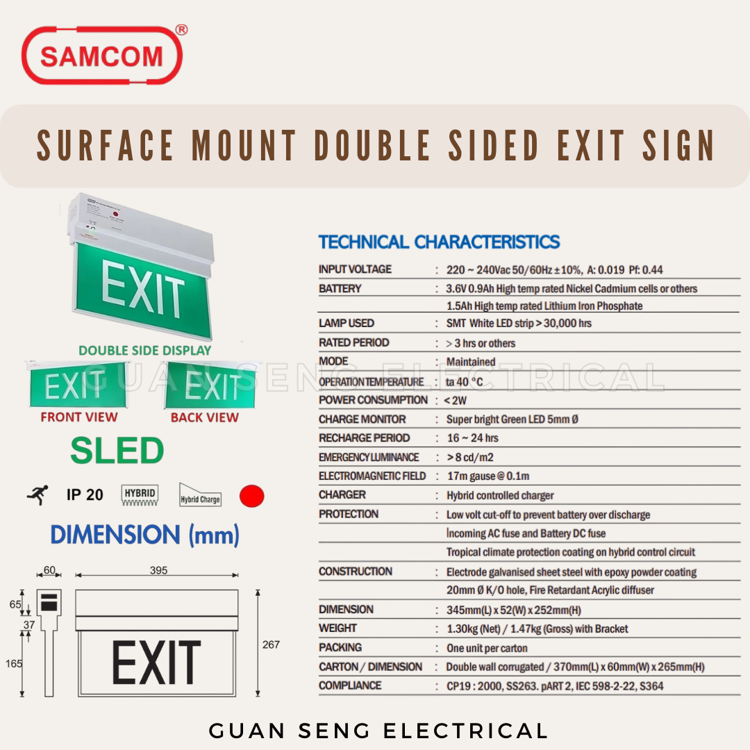 Samcom Electronics Surface Mount Led Slim Exit Sign SLED-X2 (Double Sided)