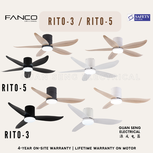 FANCO Smart RITO 3 RITO 5 Black White Pine Wood DC Motor Ceiling Fan with 3 Tone LED Light Kit
