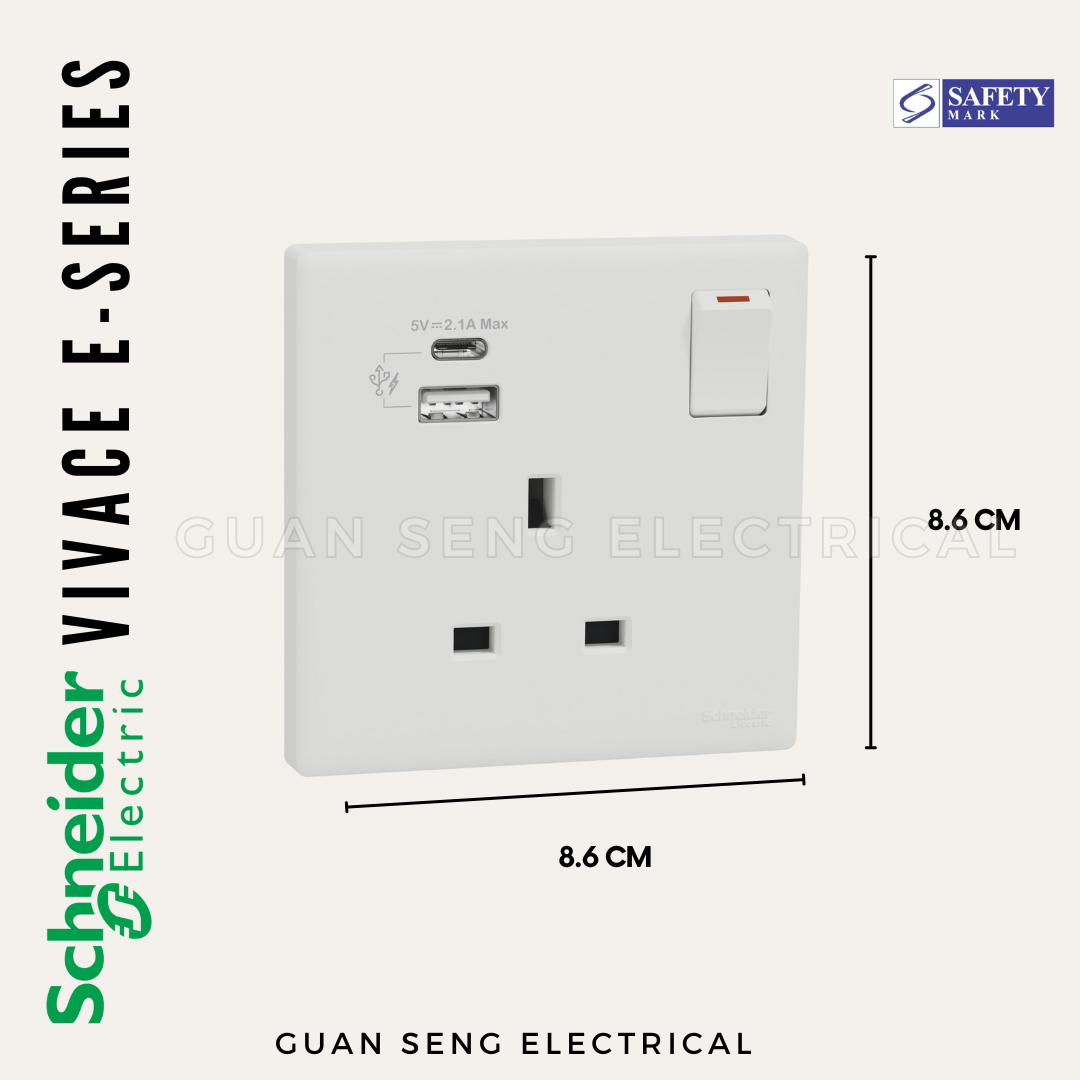 Schneider Electric Vivace E-Series 13A Single Socket with USB A+C White