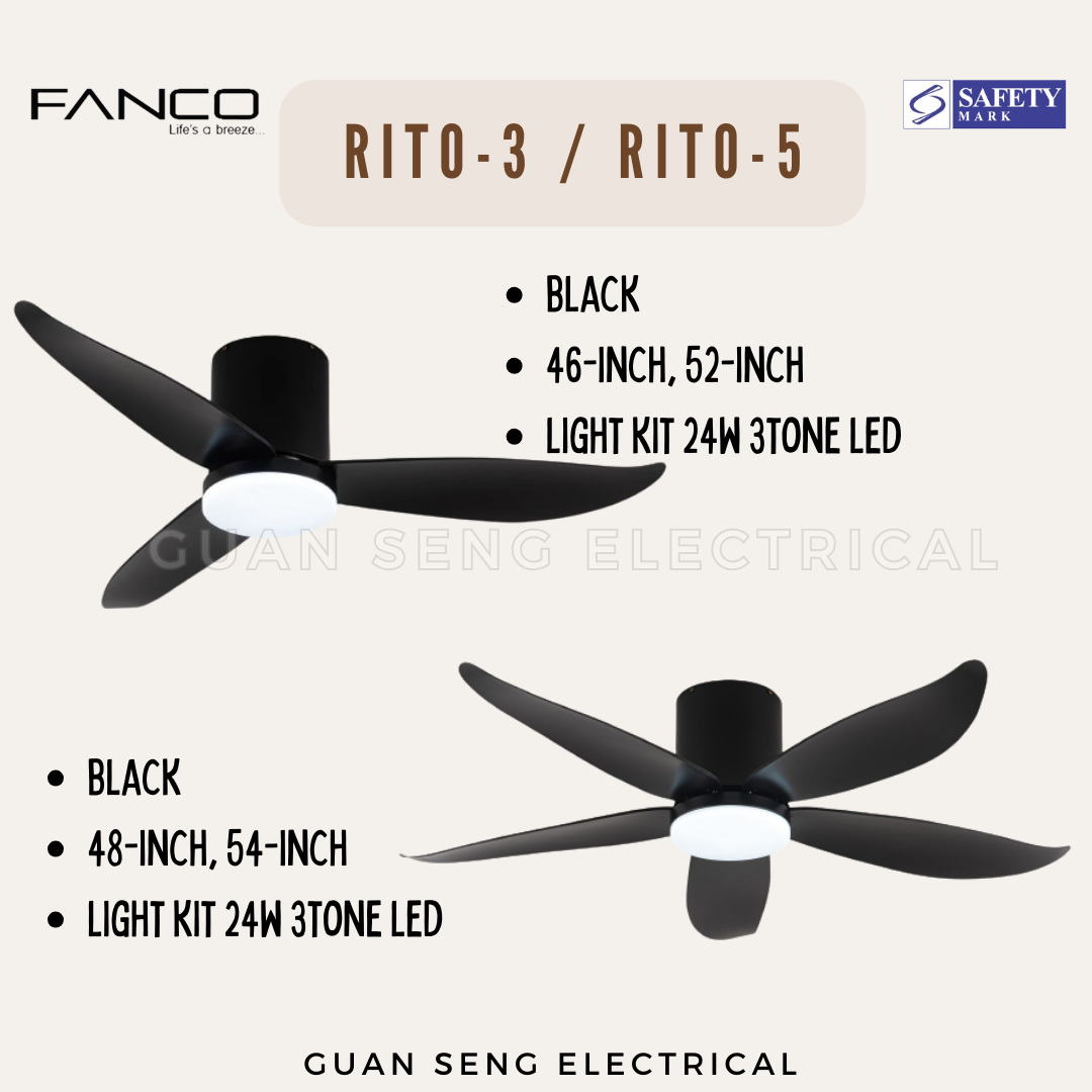 FANCO Smart RITO 3 RITO 5 Black White Pine Wood DC Motor Ceiling Fan with 3 Tone LED Light Kit