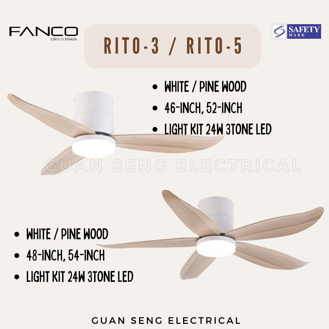 FANCO Smart RITO 3 RITO 5 Black White Pine Wood DC Motor Ceiling Fan with 3 Tone LED Light Kit