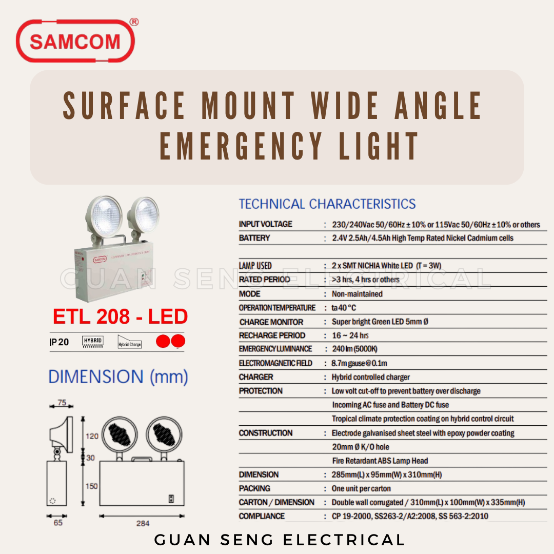Samcom Electronics LED Surface Mount Wide Angle Emergency Light ETL 208-LED