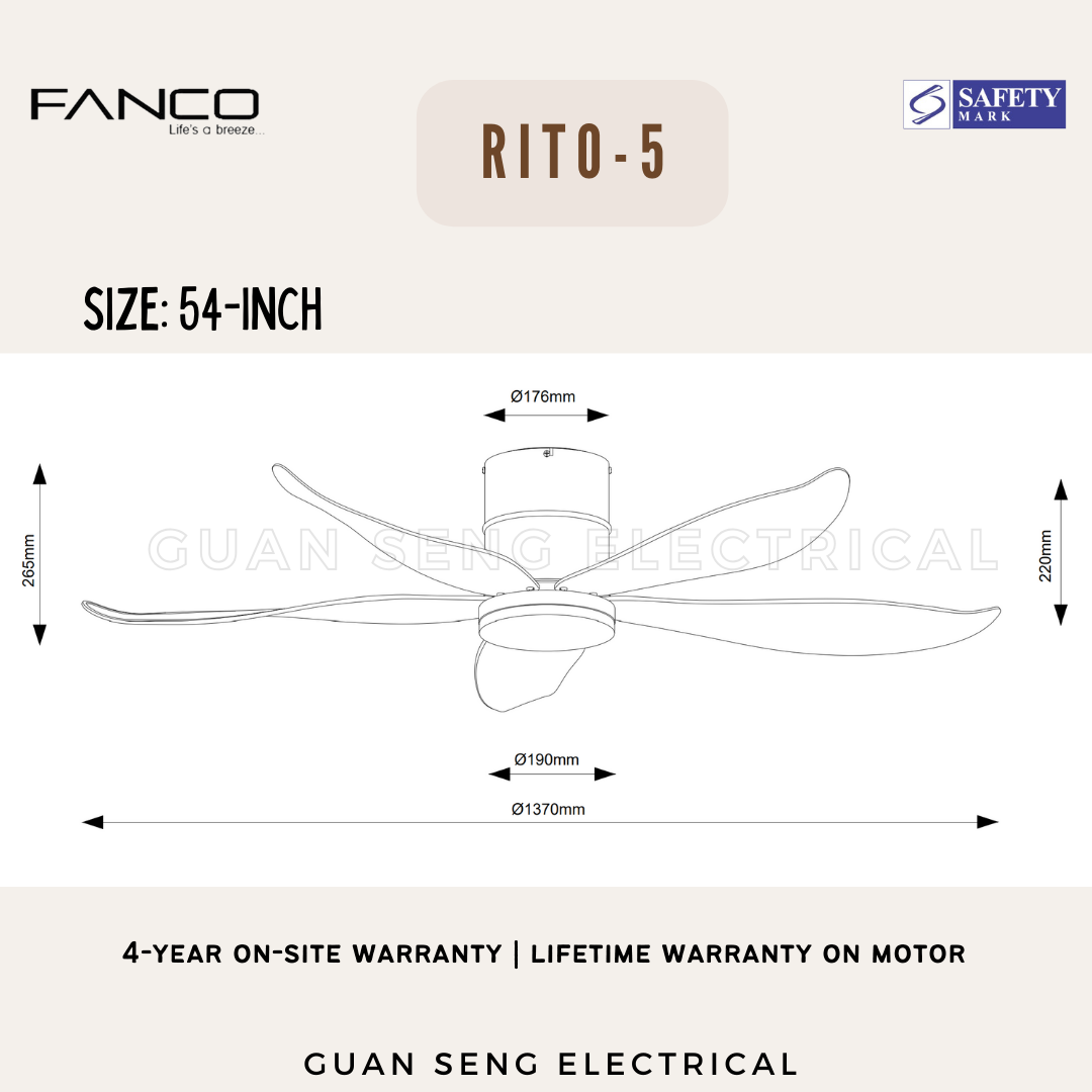 FANCO Smart RITO 3 RITO 5 Black White Pine Wood DC Motor Ceiling Fan with 3 Tone LED Light Kit