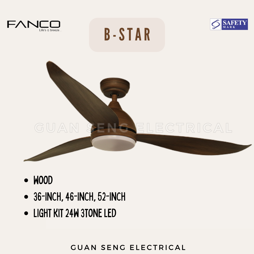 FANCO B-Star 36" 46" 52" DC Motor Ceiling Fan with 3 Tone LED Light Kit and Remote Control