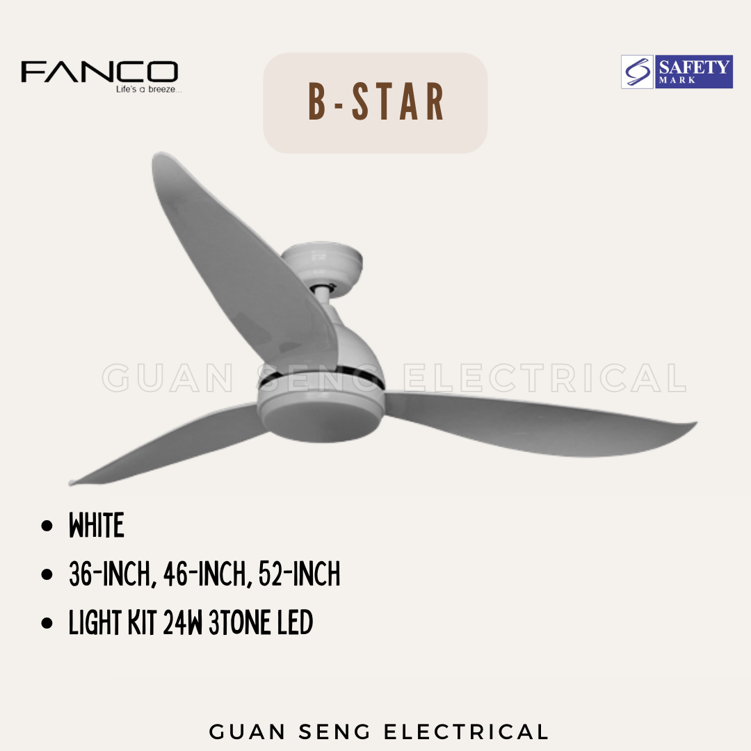 FANCO B-Star 36" 46" 52" DC Motor Ceiling Fan with 3 Tone LED Light Kit and Remote Control