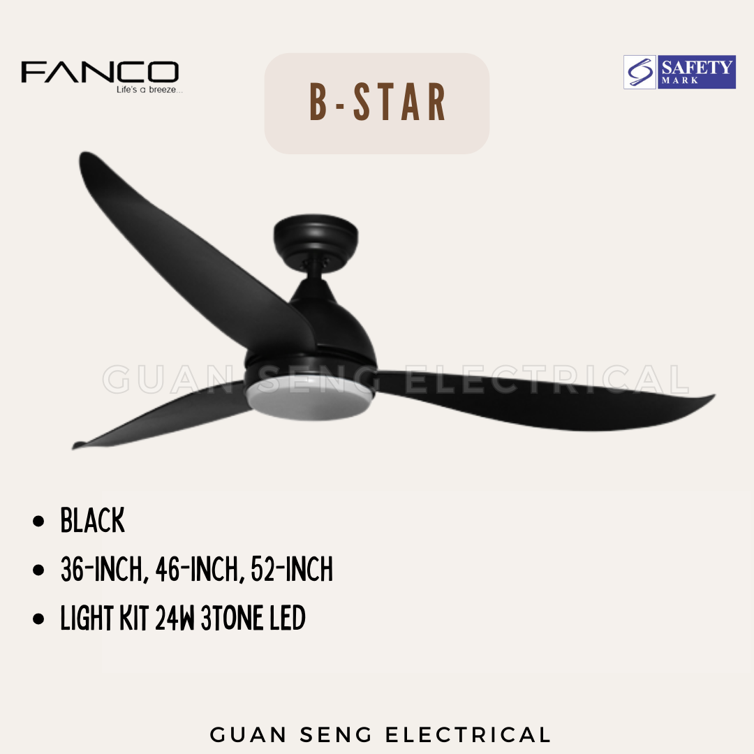FANCO B-Star 36" 46" 52" DC Motor Ceiling Fan with 3 Tone LED Light Kit and Remote Control