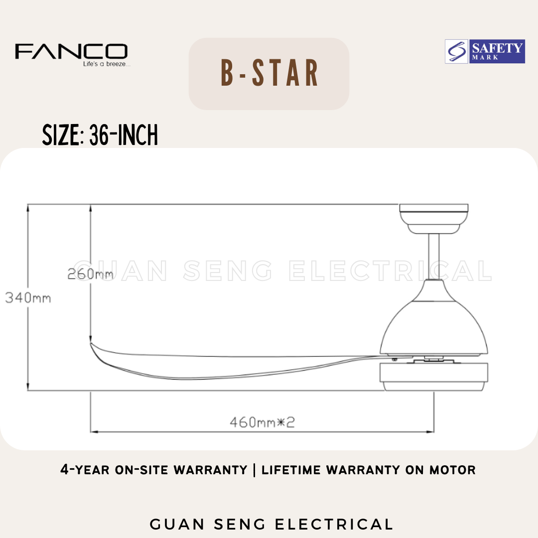 FANCO B-Star 36" 46" 52" DC Motor Ceiling Fan with 3 Tone LED Light Kit and Remote Control
