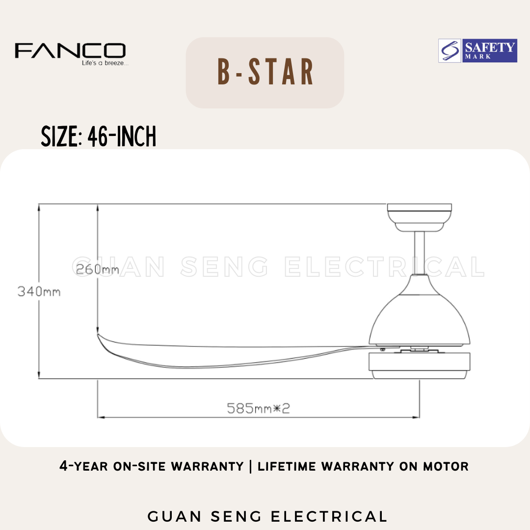 FANCO B-Star 36" 46" 52" DC Motor Ceiling Fan with 3 Tone LED Light Kit and Remote Control