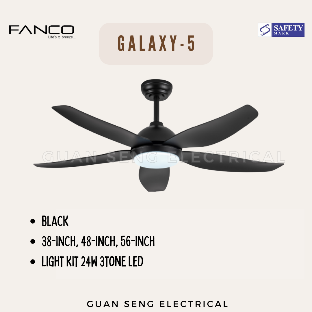 FANCO Galaxy-5 38" 48" 56" DC Motor Ceiling Fan with 3 Tone LED Light Kit and Remote Control