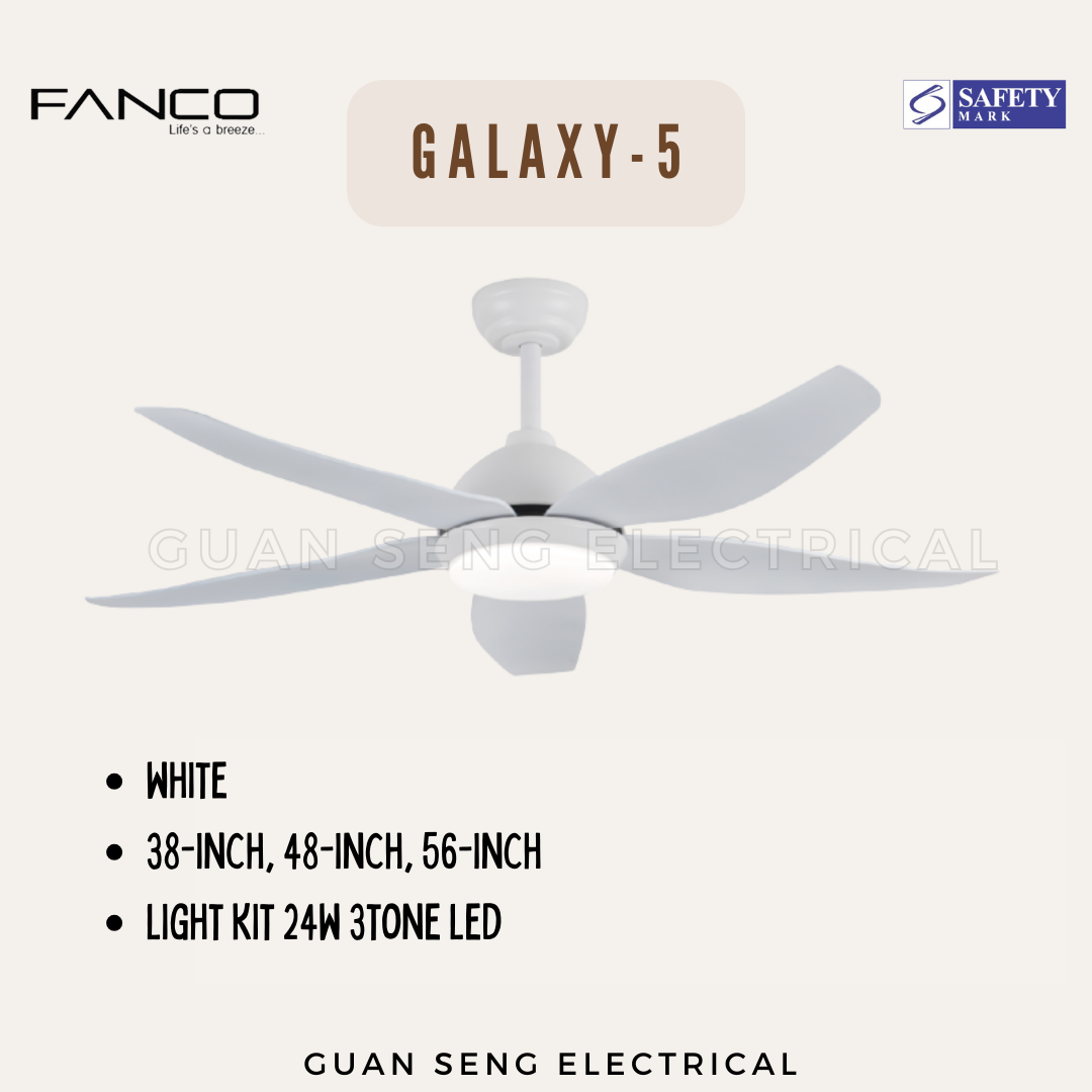 FANCO Galaxy-5 38" 48" 56" DC Motor Ceiling Fan with 3 Tone LED Light Kit and Remote Control