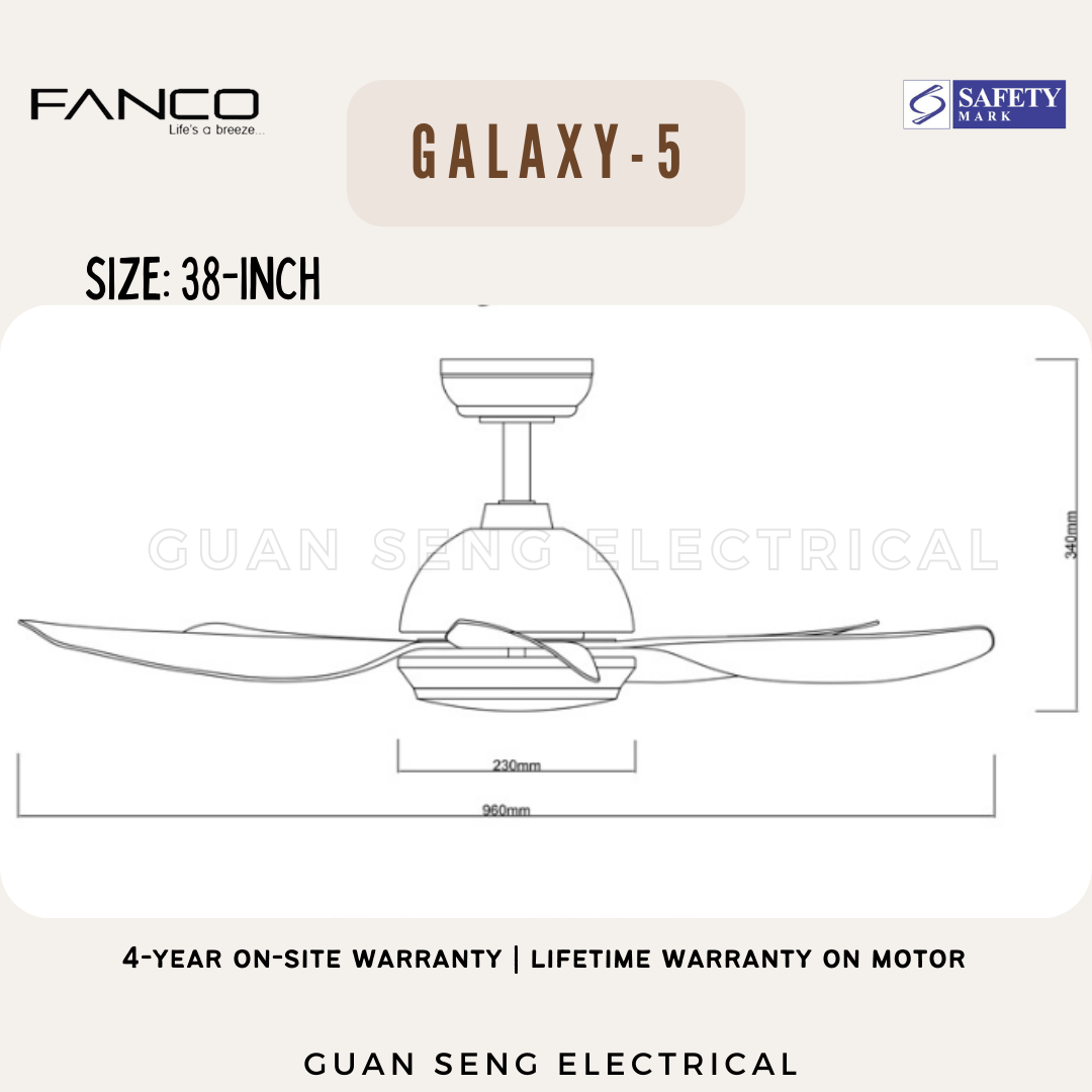 FANCO Galaxy-5 38" 48" 56" DC Motor Ceiling Fan with 3 Tone LED Light Kit and Remote Control
