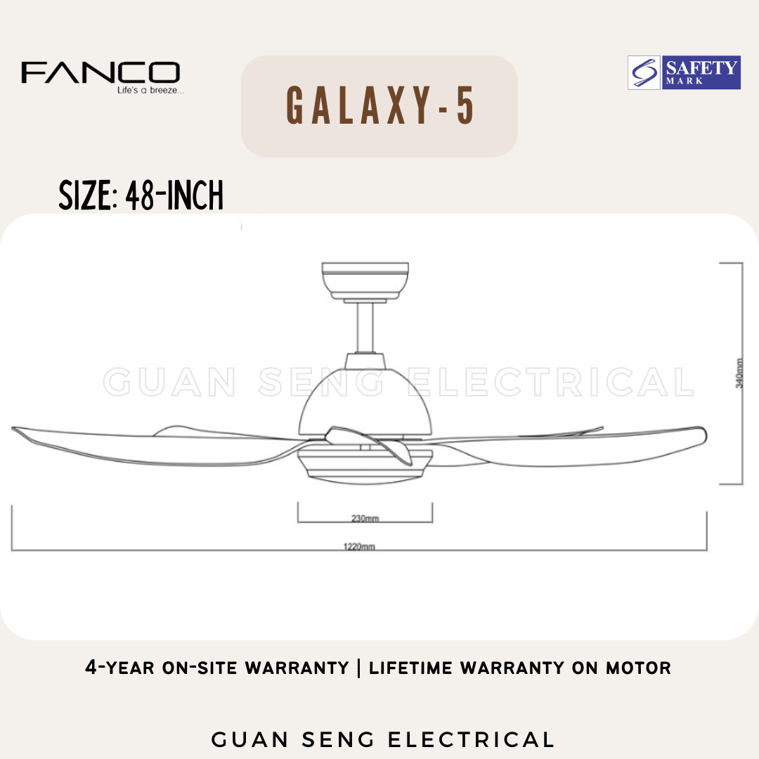 FANCO Galaxy-5 38" 48" 56" DC Motor Ceiling Fan with 3 Tone LED Light Kit and Remote Control