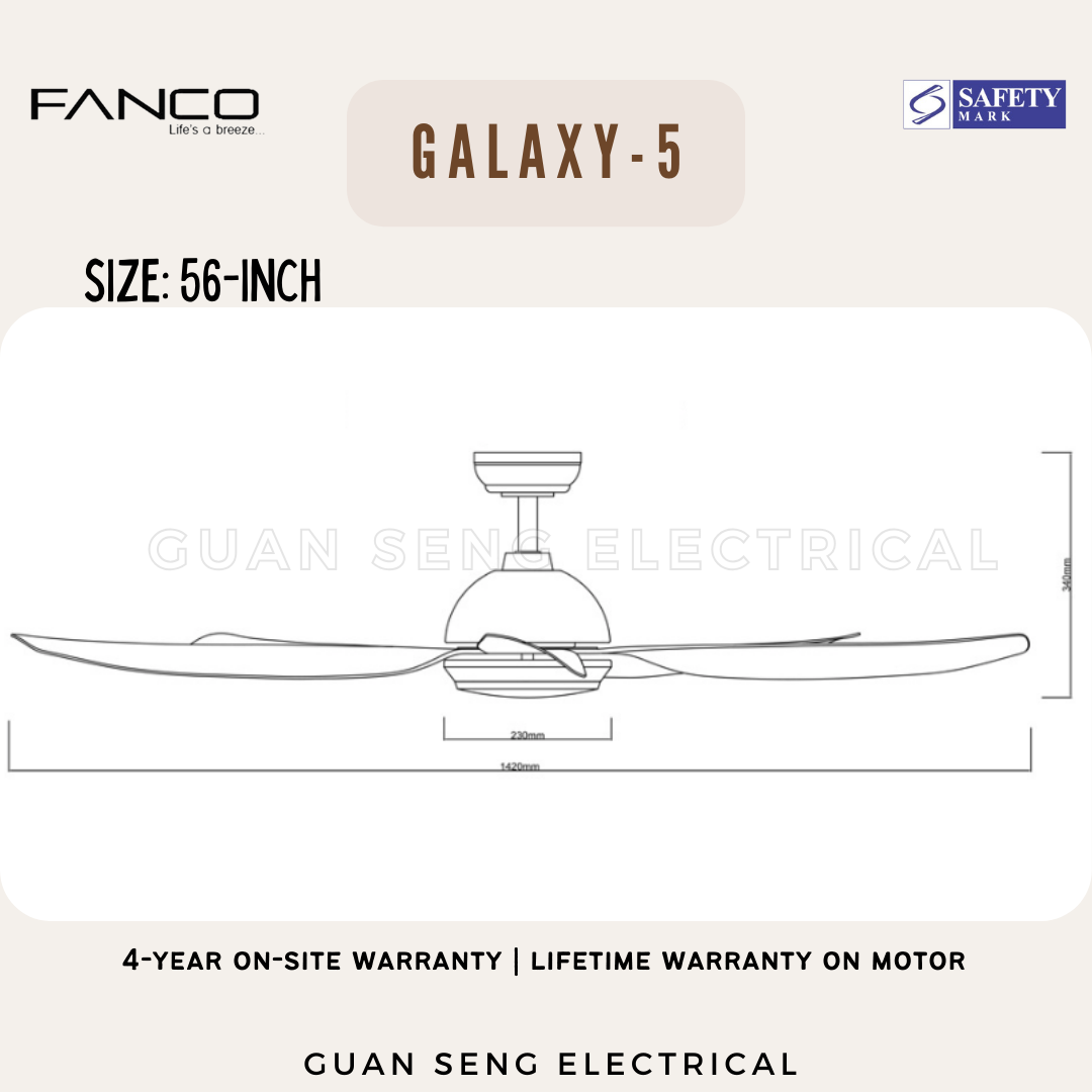 FANCO Galaxy-5 38" 48" 56" DC Motor Ceiling Fan with 3 Tone LED Light Kit and Remote Control
