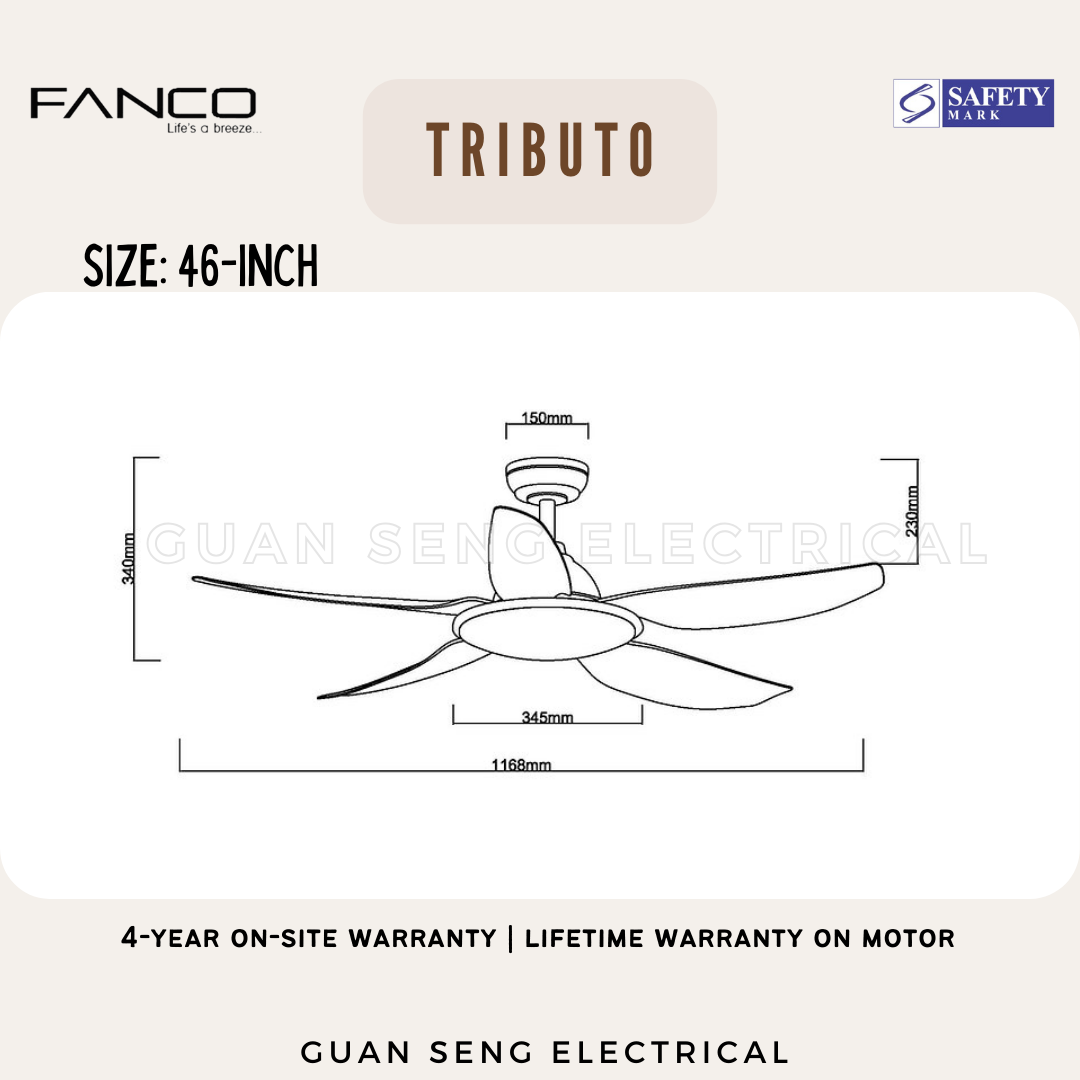 FANCO Tributo 46" 56" DC Motor Ceiling Fan with 3 Tone LED Light Kit and Remote Control