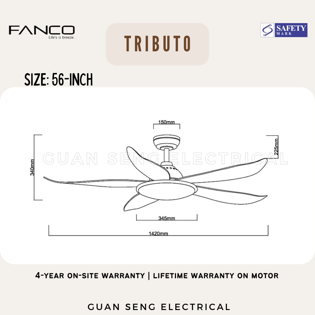 FANCO Tributo 46" 56" DC Motor Ceiling Fan with 3 Tone LED Light Kit and Remote Control