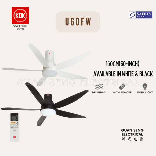 KDK U60FW DC Motor Ceiling Fan with 3 Tone LED Light Kit and Remote Control