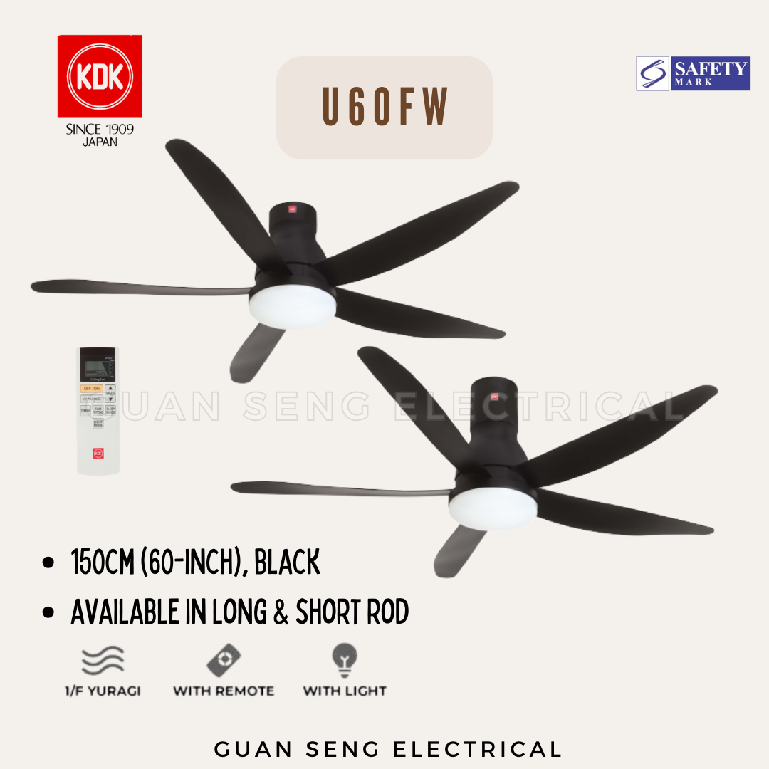 KDK U60FW DC Motor Ceiling Fan with 3 Tone LED Light Kit and Remote Control