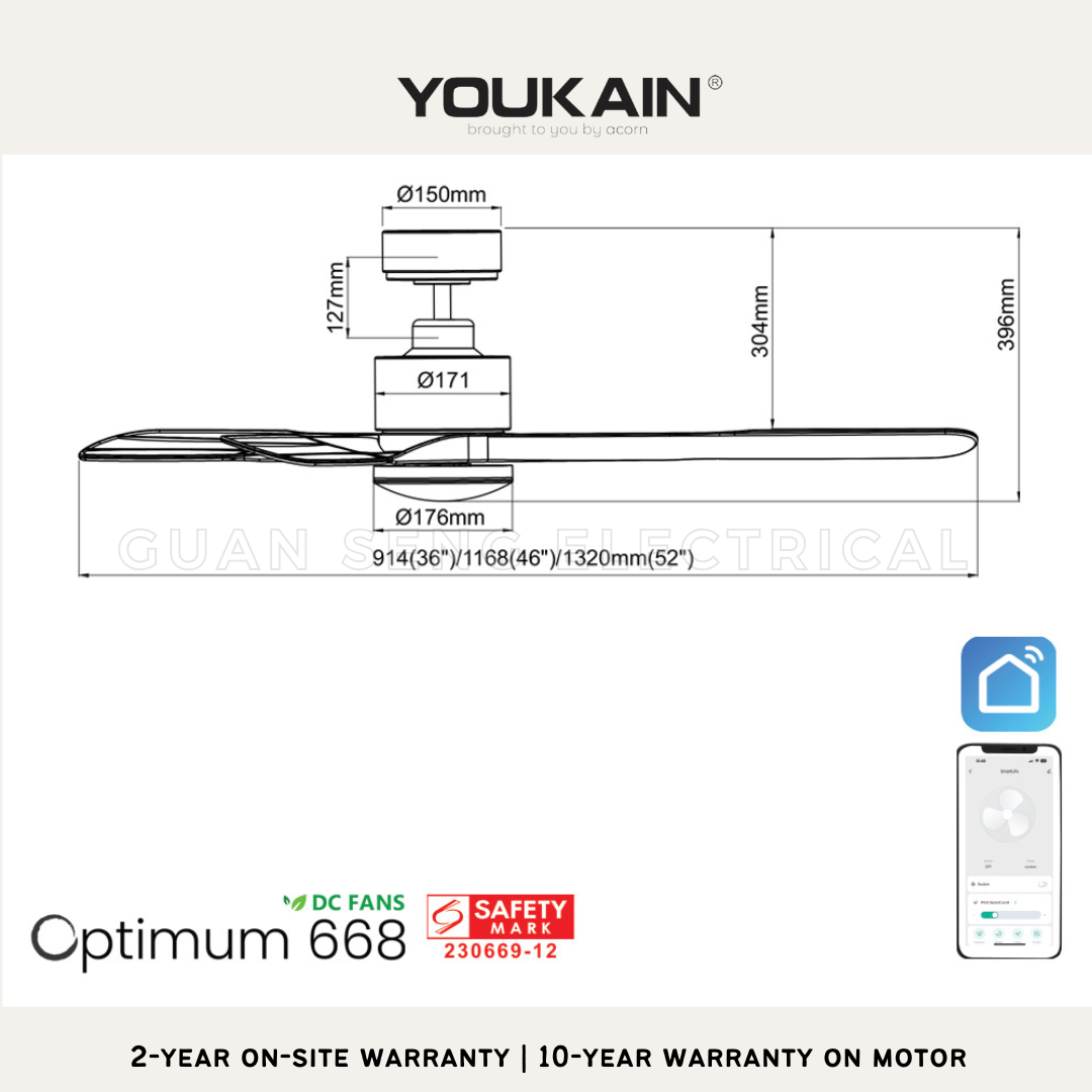 YOUKAIN Optimum 668 SMART DC Ceiling Fans 36" 46" 52" by Acorn