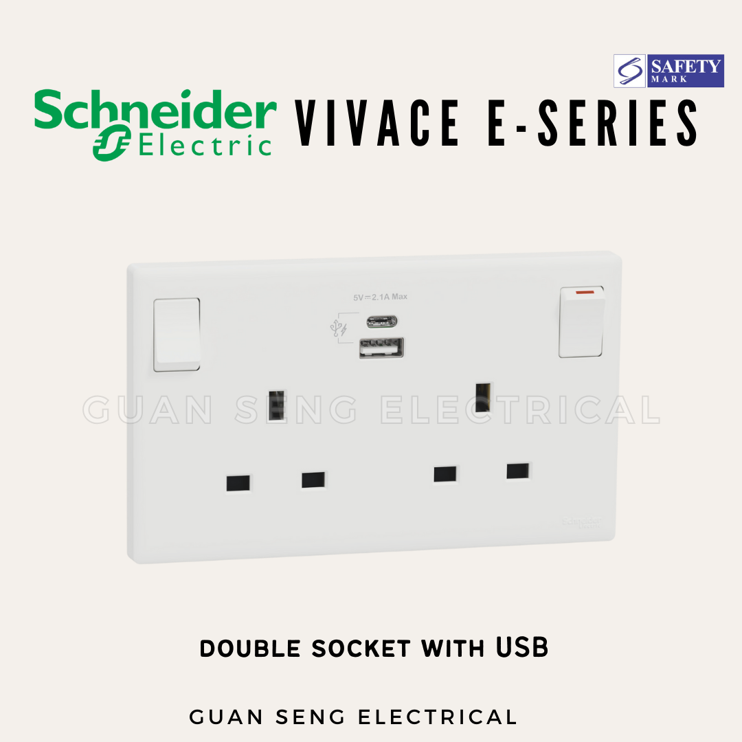 Schneider Electric Vivace E-Series 13A Socket with USB A+C White | Guan Seng Electrical Singapore