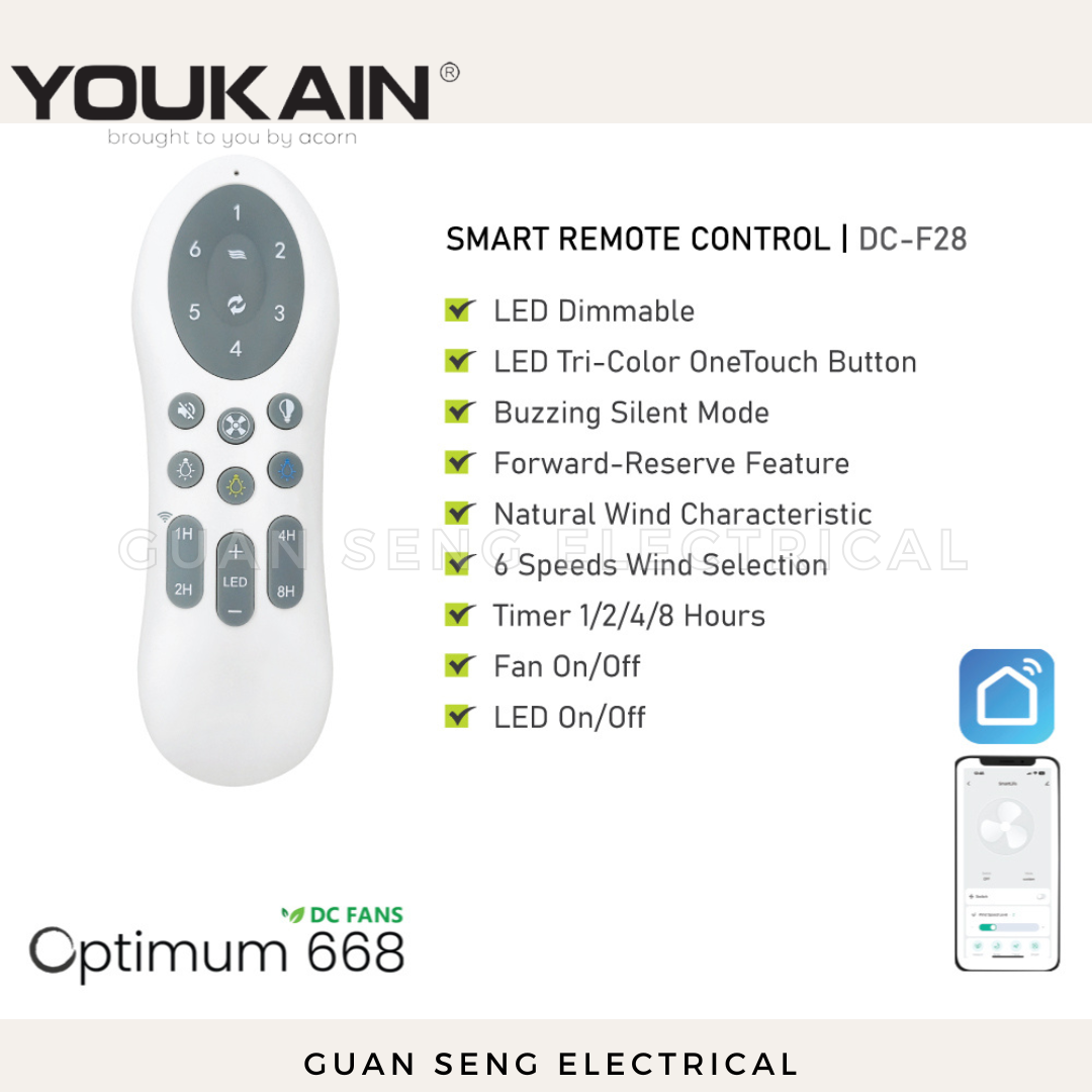 YOUKAIN Optimum 668 SMART DC Ceiling Fans 36" 46" 52" by Acorn