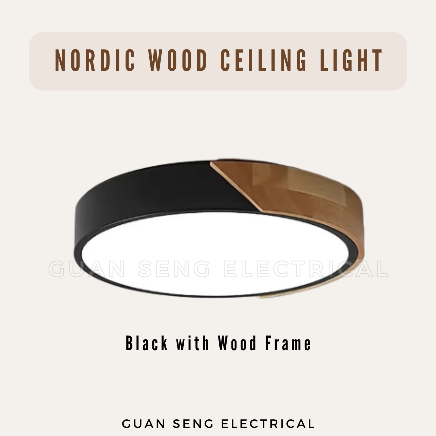 Nordic LED Ceiling Light Black White with Wood Frame Remote Controller 36W 48W