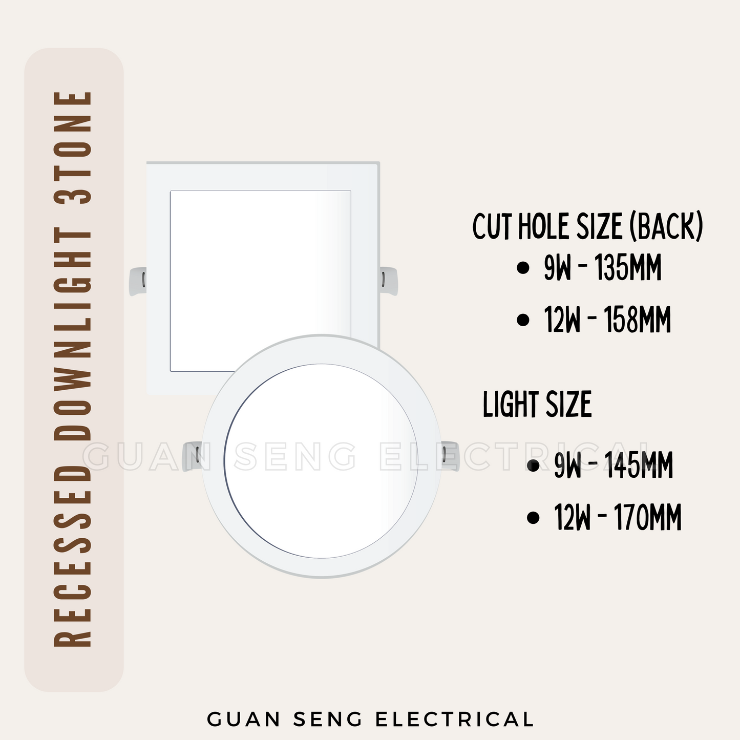 Recessed Downlight 9W 12W Square Round - 3Tone