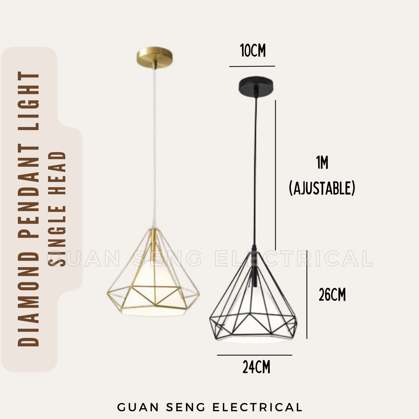 Diamond Pendant Light Black Gold E27 Bulb | Guan Seng Electrical
