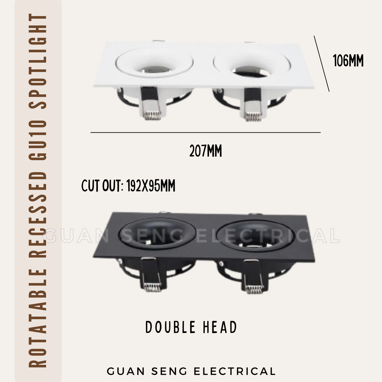Rotatable Recessed GU10 Spotlight Downlight Double Head Square Double Axis Black White