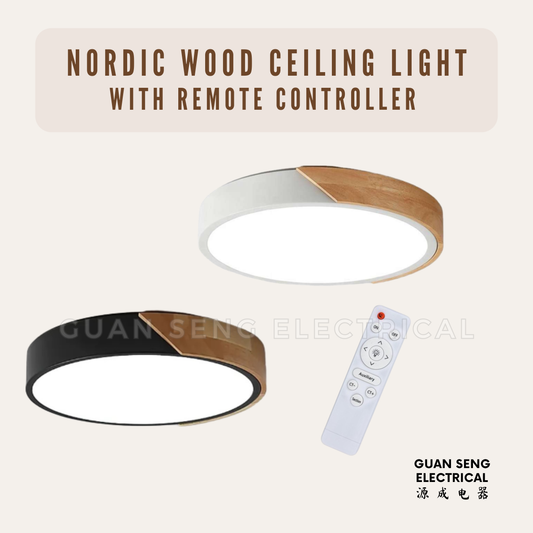 Nordic LED Ceiling Light Black White with Wood Frame Remote Controller 36W 48W