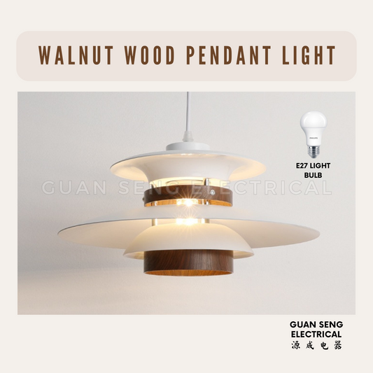 Walnut Wood Pendant Light E27 Bulb