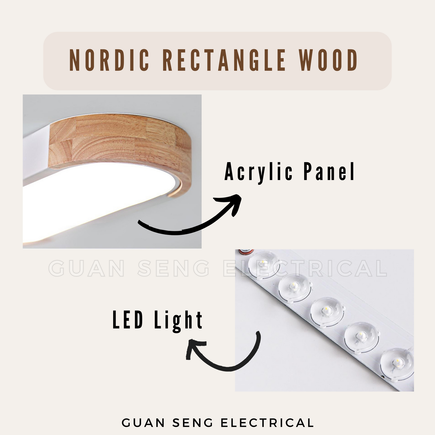 Nordic Rectangle Wood Dark Grey White Ceiling Light