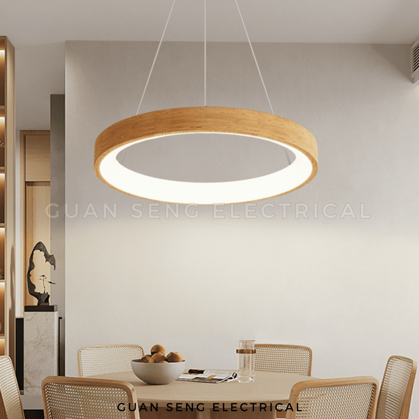 Wooden Ring Pendant Light 30W Tri Tone Dimmable with Remote