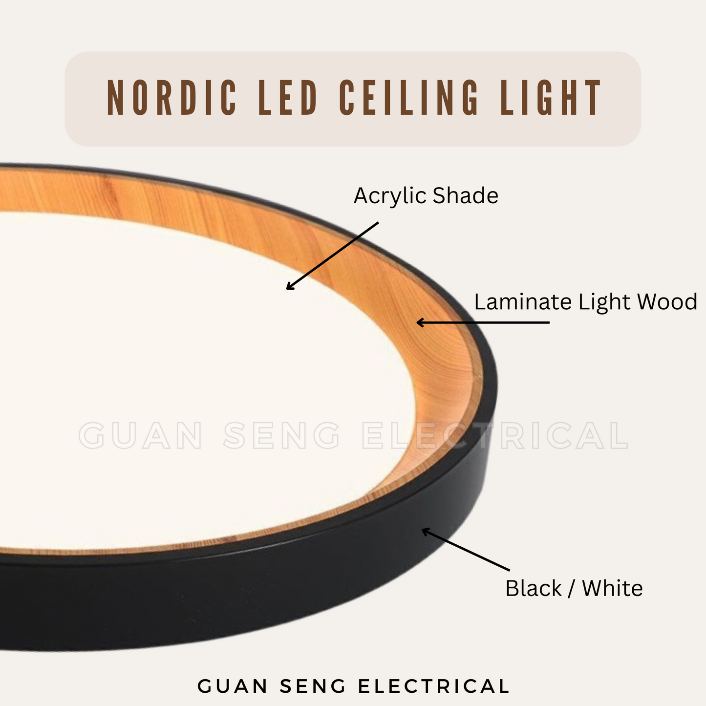 Nordic Ceiling Light with Inner Wood Print 36W Daylight 3Tone