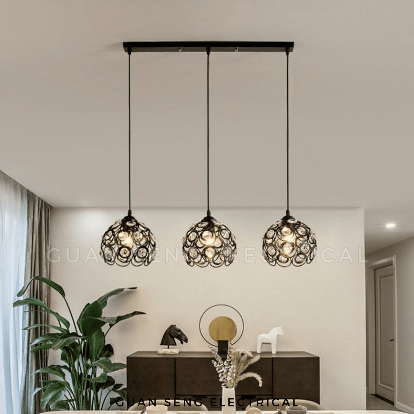 Sheveron Crystal Pendant Light Black Gold E27 Bulb