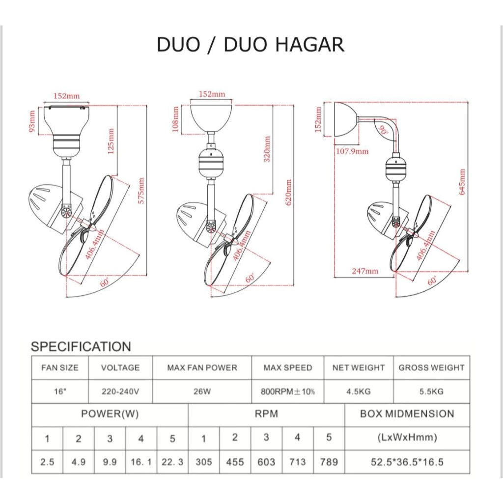 BESTAR 16" DUO Hager Corner Ceiling / Wall Mount Fan with Remote Control