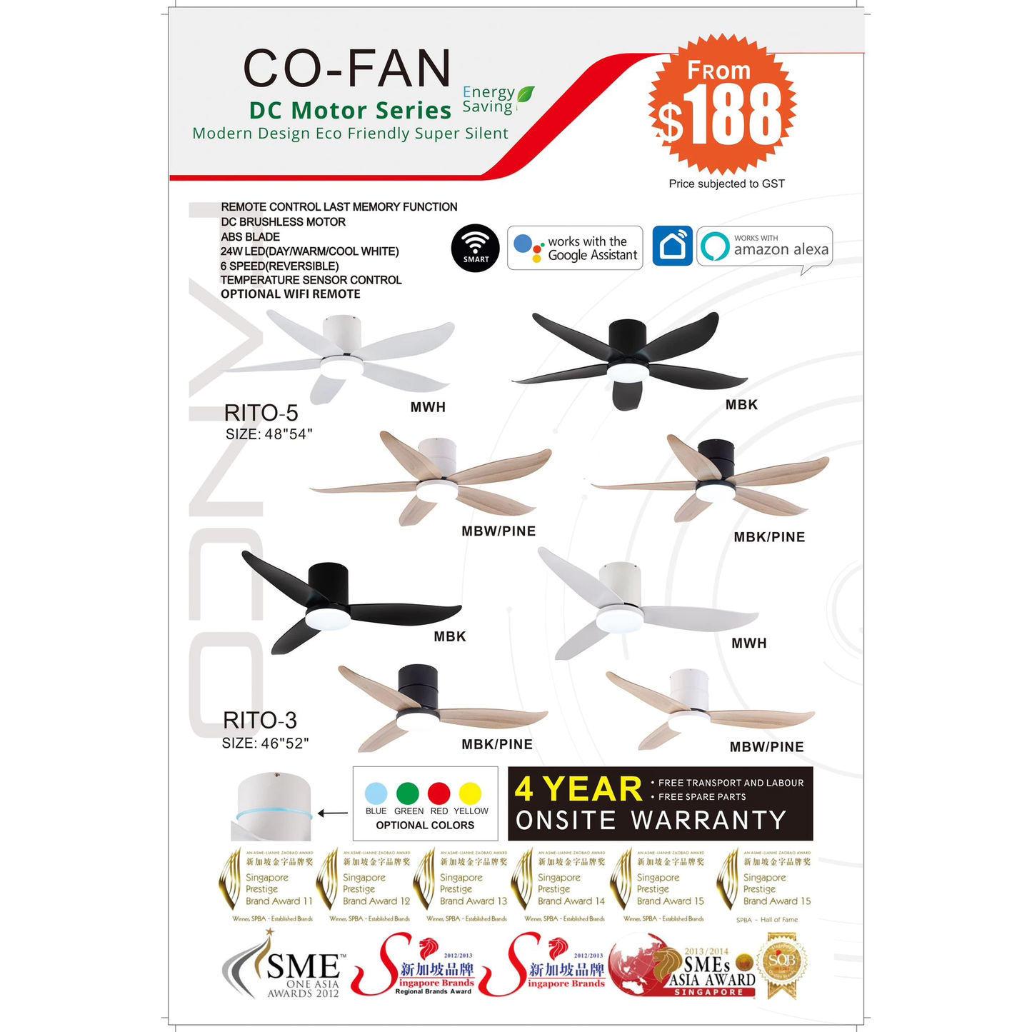 FANCO Smart RITO 3 RITO 5 Black White Pine Wood DC Motor Ceiling Fan with 3 Tone LED Light Kit
