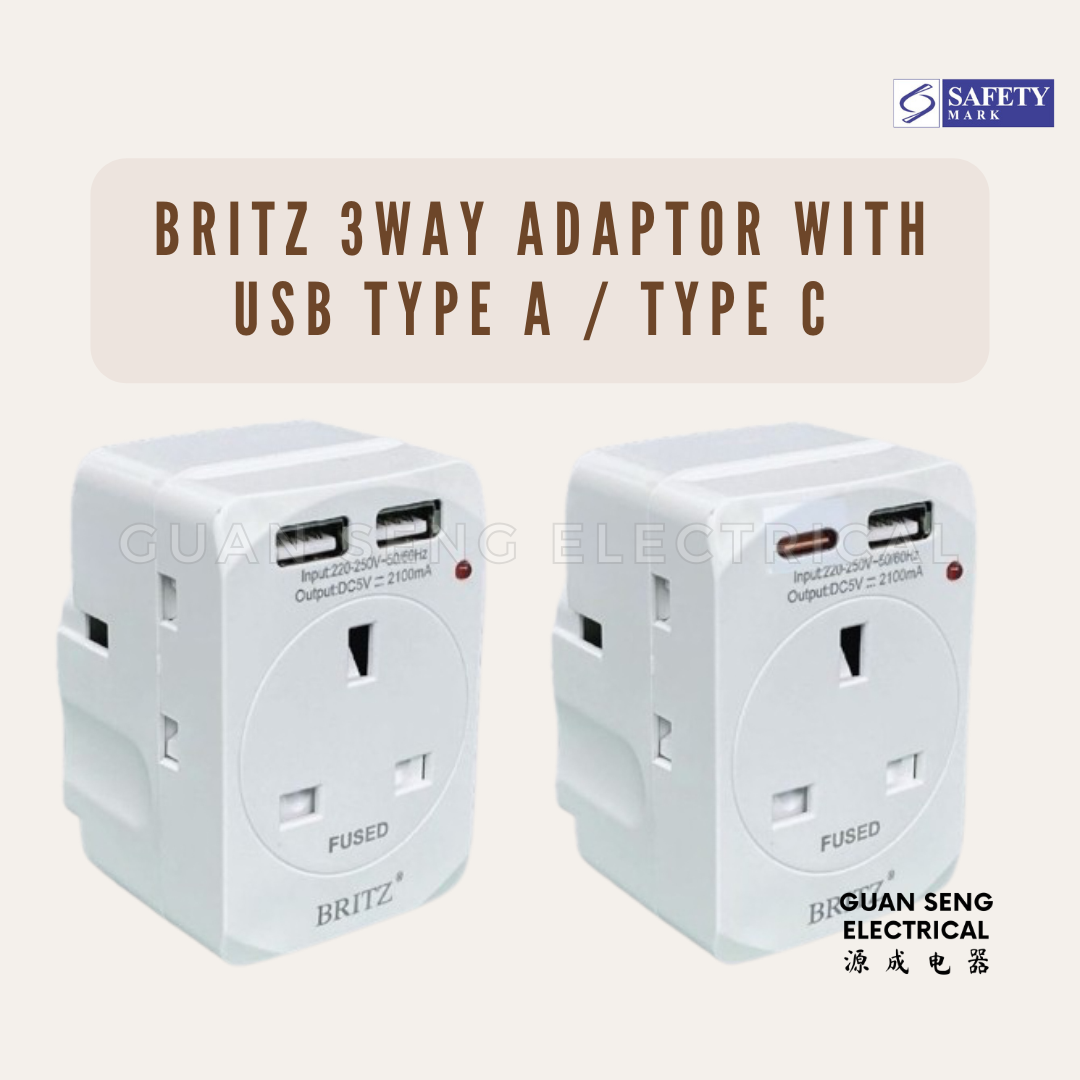 Britz 13A 3 Way Adaptor Power Socket with 2 x USB Port