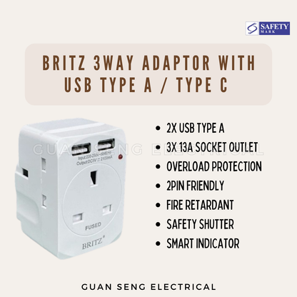 Britz 13A 3 Way Adaptor Power Socket with 2 x USB Port
